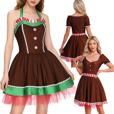 DE Damen Weihnachtskleid Kostüm Lebkuchenmann Cosplay Outfits Tanzkleidung