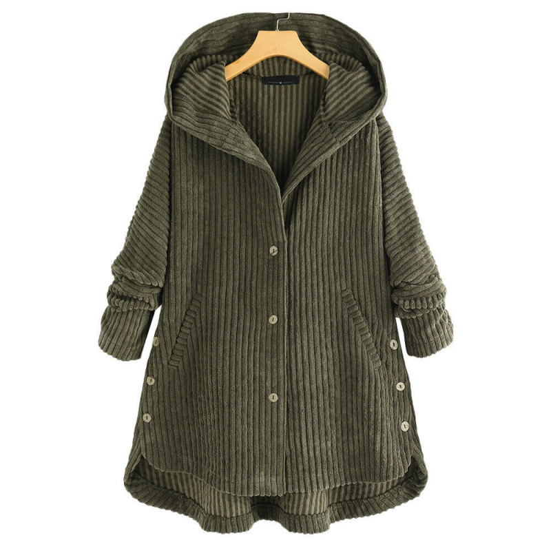 Womens Loose Jacket Outwear Coat Corduroy Hoodie Single Breasted Trench Casual