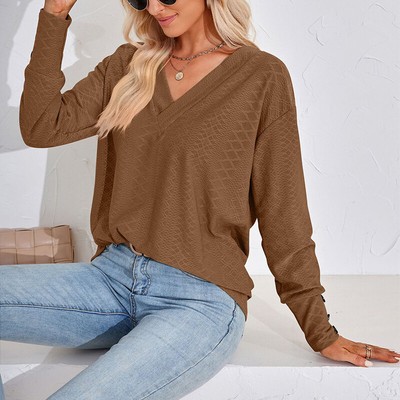 Women Tops Long Sleeve T Shirt Ladies Loose Dailywear V Neck Pullover Swiss Dots