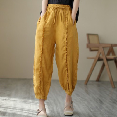 Lady Cotton Linen Harem Pants Drawstring Ankle Length Trousers High Waist Casual