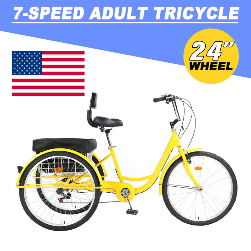Adult Tricycle 24'' 7-Speed 3 Wheel Yellow Trike​ Shopping Bike Riding w/ Basket