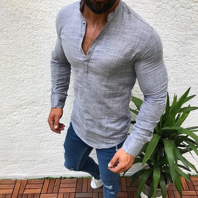 Herren VAusschnitt Stehkragen Leinenhemd T Shirt Slim Fit Langarm Sommerhemden