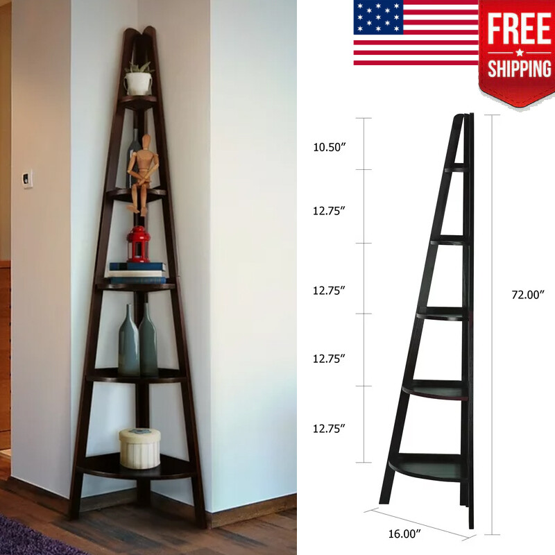 5-Shelf Wood Corner Ladder Bookcase Bookshelves Display Adju