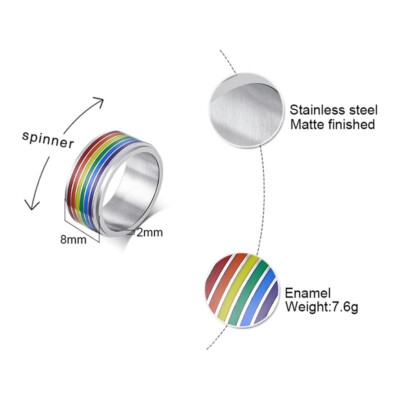 316L Stainless Steel Spinner Band Rainbow Enamel 8mm Men's Silver Ring Size 7-12