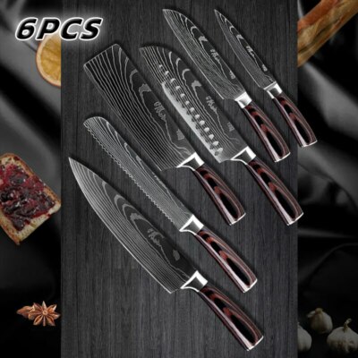 6 Pcs Japanese Kitchen Knives Set Damascus Pattern Stainless Steel Chef s Knife