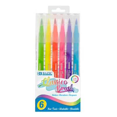BAZIC Products Washable Brush Markers, 6 Fluorescent Colors