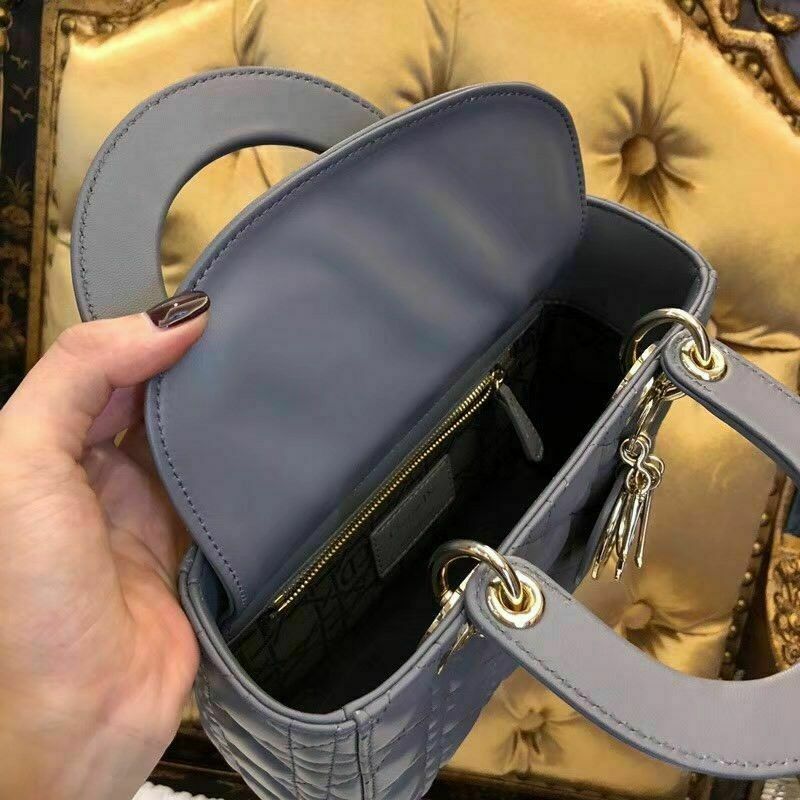 AUTH CHRISTIAN DIOR LADY DIOR GREY LAMBSKIN CANAGE HAND BAG