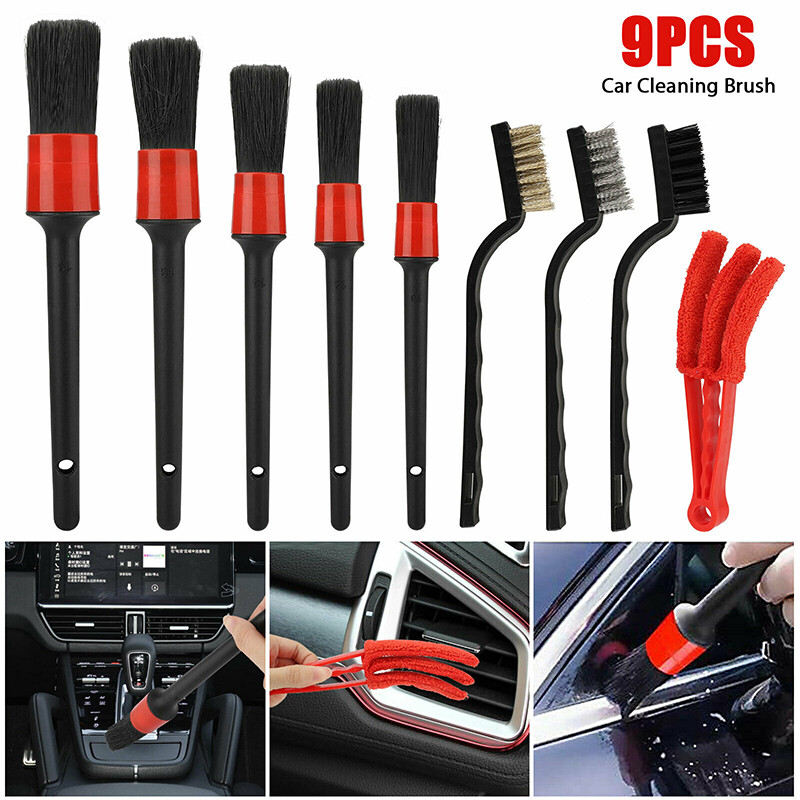 9pcs Car Detailing Brush Kit Boar Hair Vehicle Auto Engine Wheel Clean