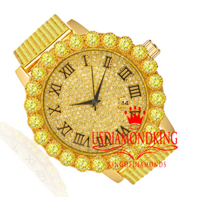 Pre-owned Usdiamondking Canary Mens Gold Tone Solitaire 10 Row Custom Band Roman Dail Lab Diamond Watch