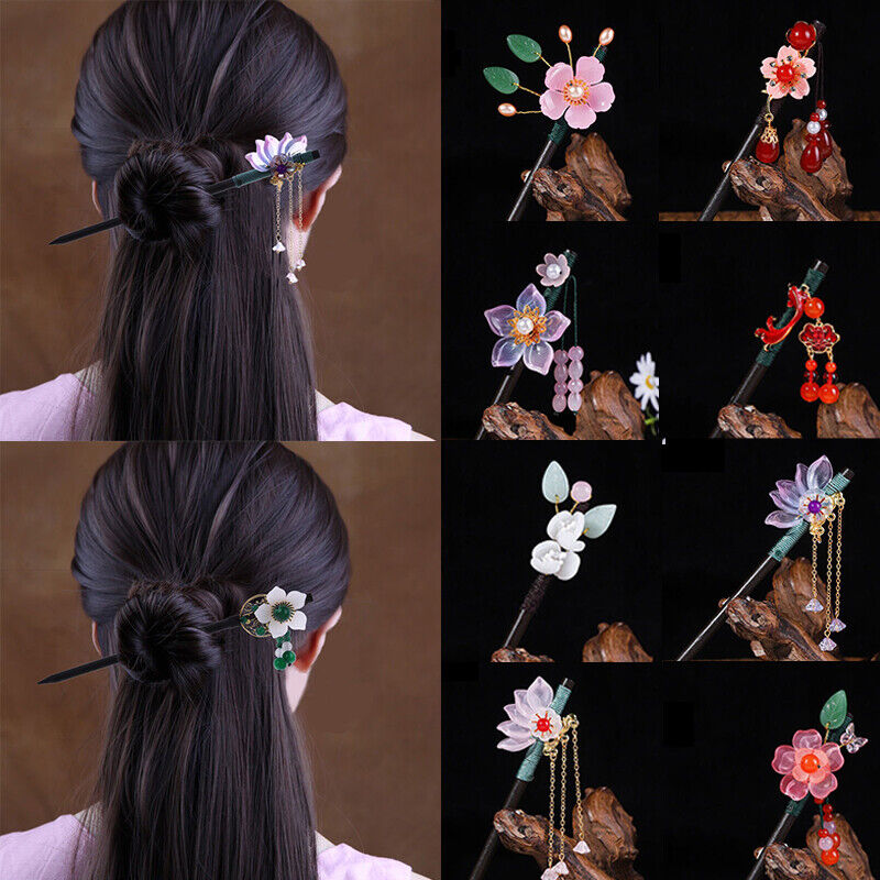 Chinese Style Hairpin Wooden Hair Chopstick Stick Pin Handmade Elegant Flower/