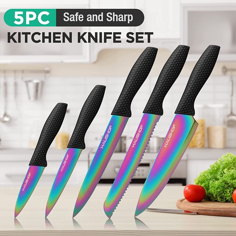 HAUSHOF Kitchen Knife Set 5Piece Rainbow Knife Sets Premium Steel Knives Set NEW