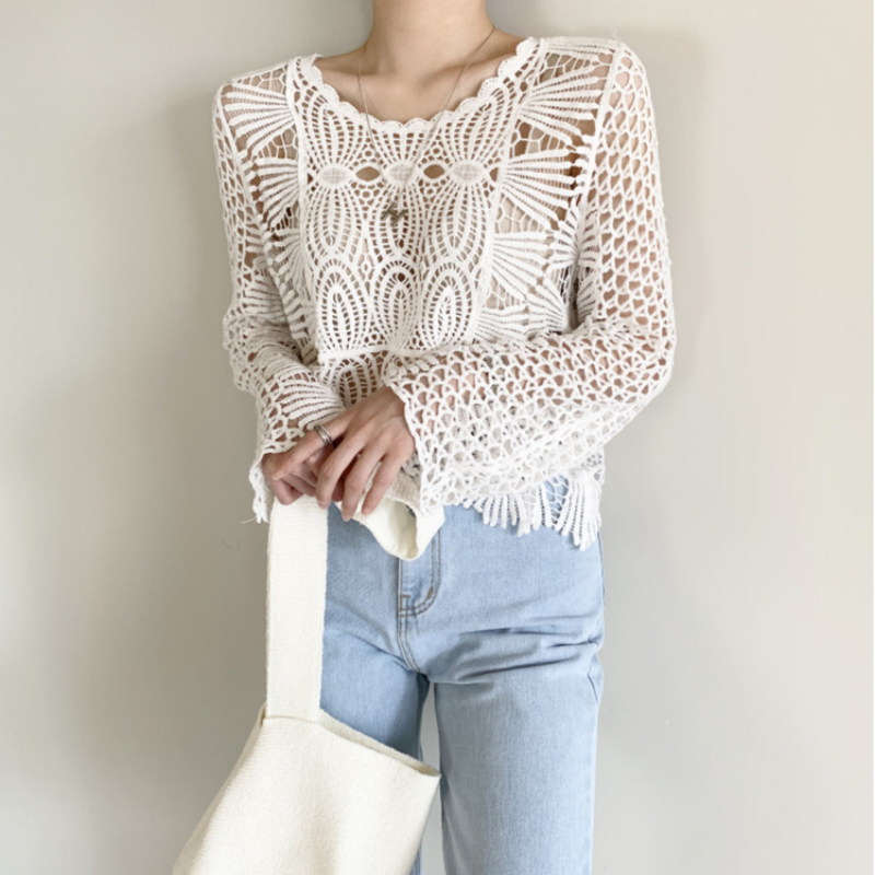 Donna Pizzo Uncinetto Maglia Camicia Blusa Top Corto Manica Lunga Cavo Estivi