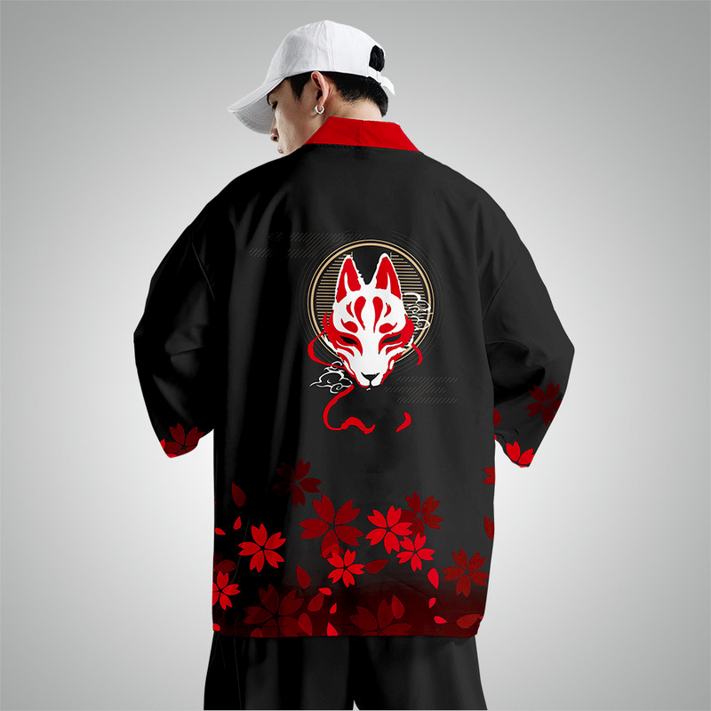 Herren Kimono Mantel Jacke Top Hosen Outwearlinie Japanisch Locker Freizeit Fox