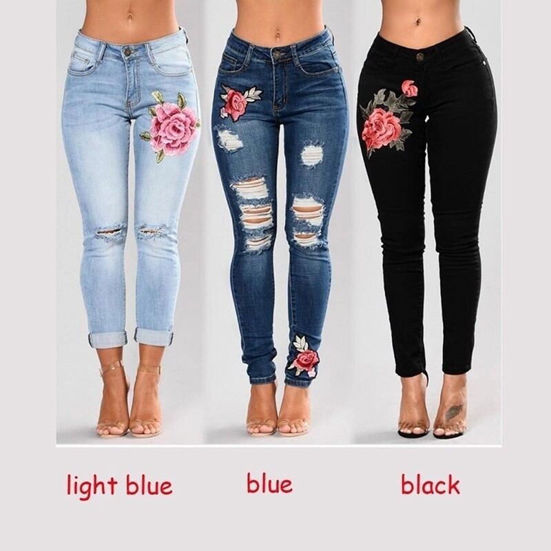 Women High Waisted Stretch Skinny Jeans Denim Ripped Jeans Slim Jeggings Trouser