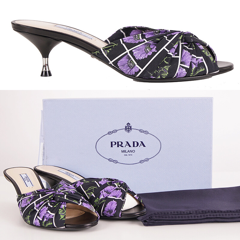 Pre-owned Prada Sz 38.5 $750  Black Purple Poppy Floral Kitten Heels Sandals 8.5 Us