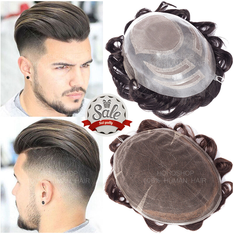 Herren Perücke Echthaar Toupet Für Männer Toupee Haarteile Schwarz Swiss Lace PU