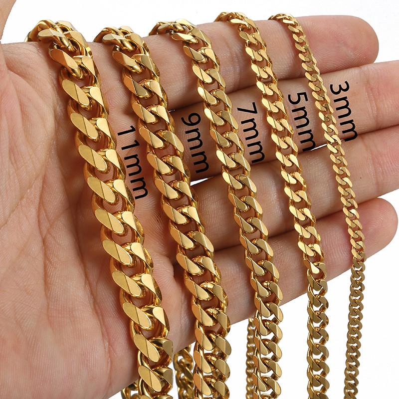 14K Gold Plated Stainless Steel Cuban Curb Chain Necklace Bracelet 3/5/7/9/11mm 