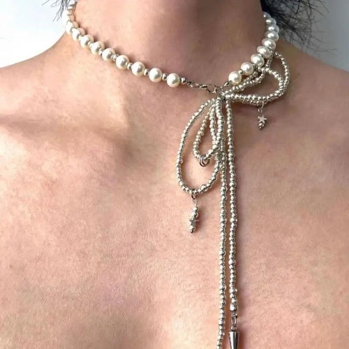 Punk Imitation Pearl Bowknot Hiphop Metal Bead Tassel Necklace Unisex