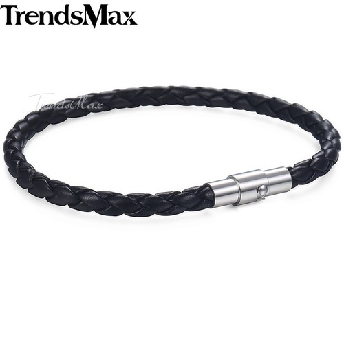 4mm Black Braided Cord Rope Leather Bracelet Unisex Mens Stainless Steel Clasp