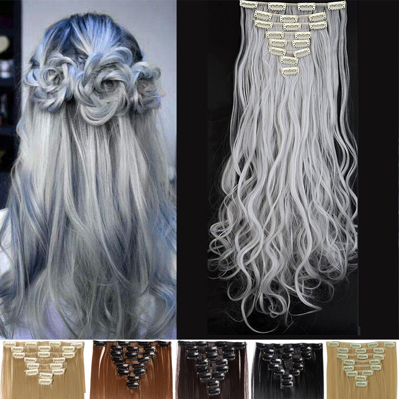 Silver Grey Clip In Hair Extensions 8pcs Lots Curly Straight As