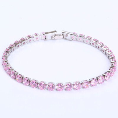 4mm New Party Jewelry Round Cut Pink Topaz Gemstone Women Silver Bracelets