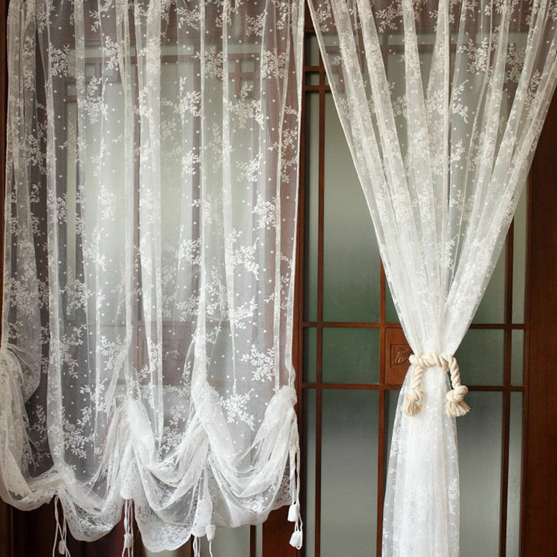 White Lace Embroidered Tie Up Balloon Shade Curtain Sheer Voile