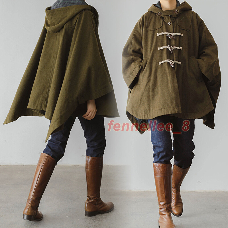 Winter Women Hooded Embroidered Loose Wool Cape Jacket