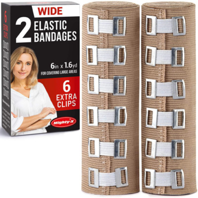 Premium Elastic Bandage Wrap - 2 Pack + 6 Extra Clips - Wide (6 inch) Compressio