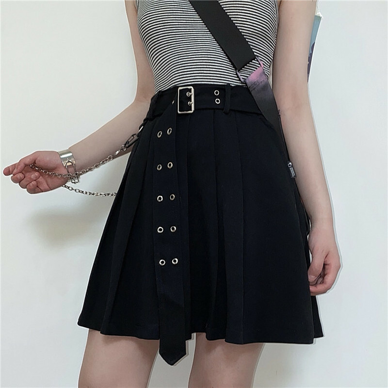 Women Girl Sexy Pleated Skirt Punk Chain Gothic Belt Frill Mini High Waist Black