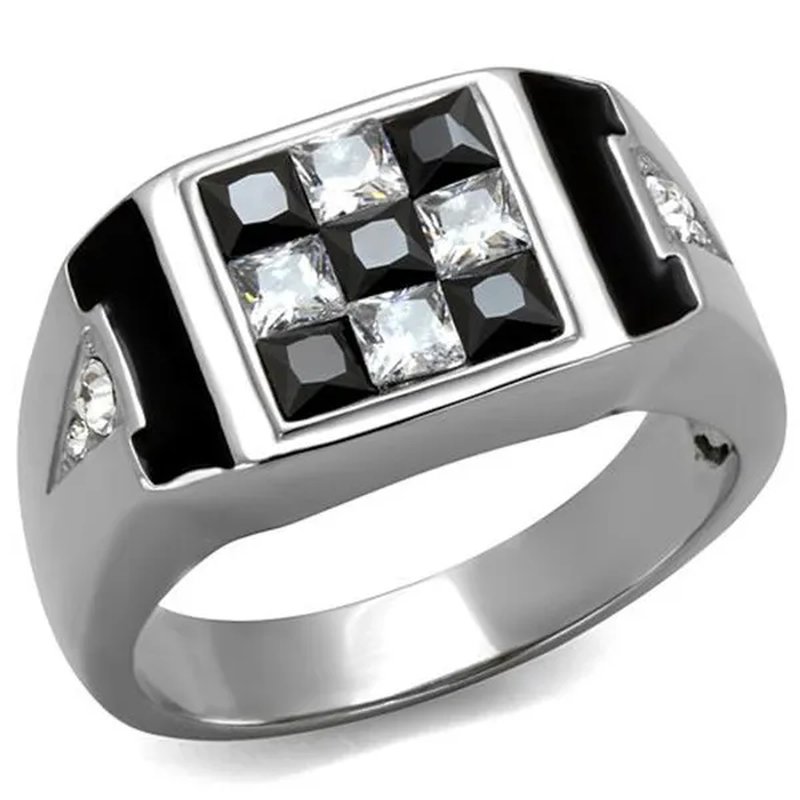 Men'S 2.56 Ct Clear & Black Princess Cut CZ Stainless Steel Fashion Ring Size 8-13