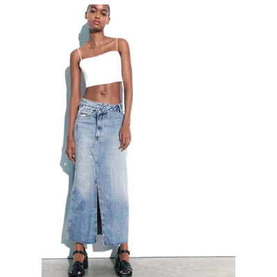 Denim Midrise Midi Skirt W/ Buttons