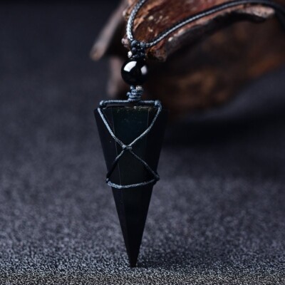 Natural Obsidian Stone Crystal Point Pendant Black Stone Charm Necklace Amulet