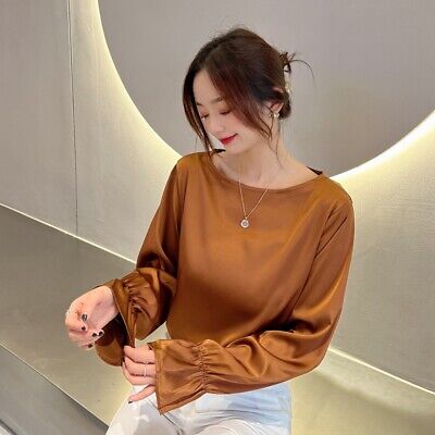 Women 2022 Spring Satin Top Round Neck Lantern Sleeve Fashion Long-Sleeved Shirt