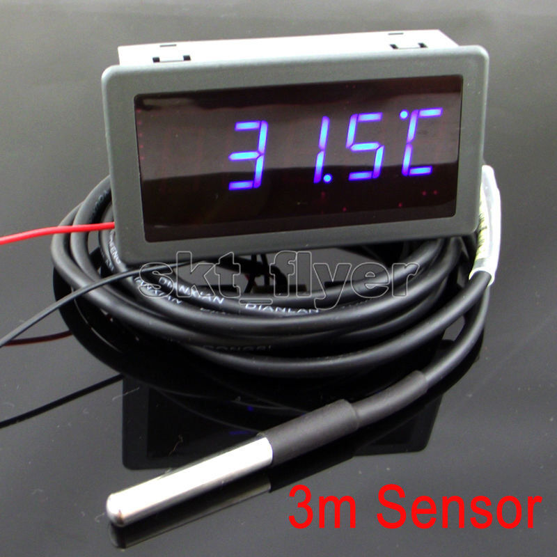 3m 12V Blue LED Digital Car Temperature Meter Thermometer  DS18B20 Sensor F/C