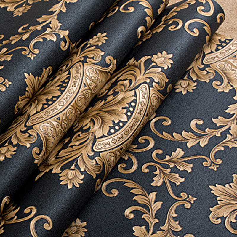 Vinyl Damask Wallpaper Roll Luxury Metallic Black Gold Texture Home