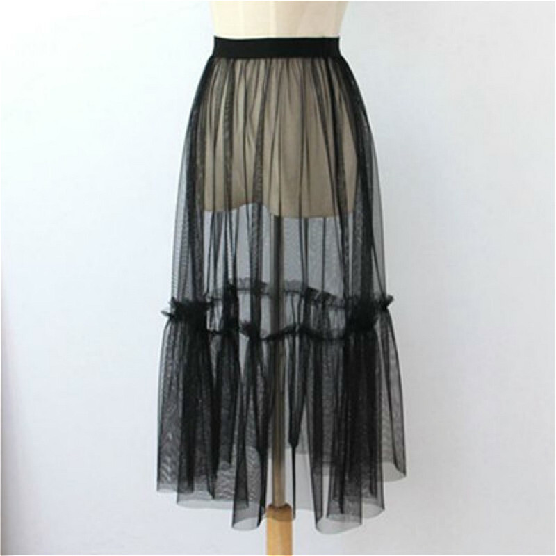 Women Mesh Sheer Skirt See Through Tutu Tulle Elastic Waist Midi Long Sexy