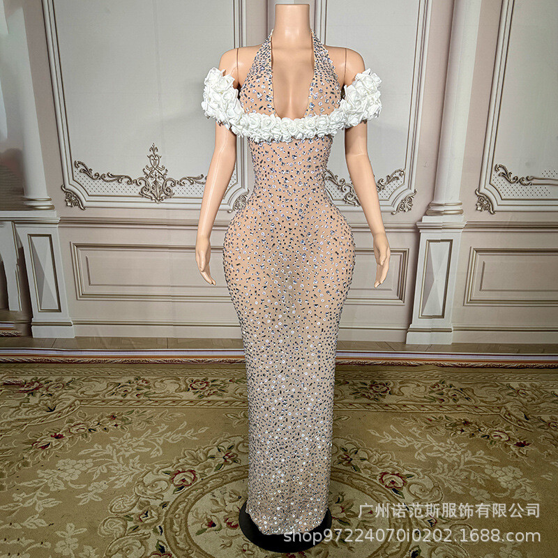 Pre-owned Cubic Floral Mermaids Evening Dresses Halter Beads Crystal Sheath Intricate In As Pic