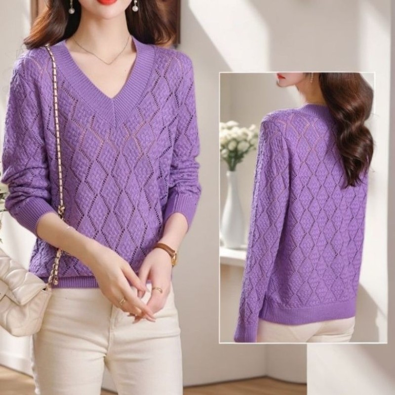 Damen Strickpullover V-Ausschnitt Langarm Hollow Out Häkel Akzent Thermal