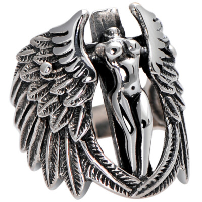 Mens Feather MC Biker Angel Wing Ring Stainless Steel Silver Size 7-15