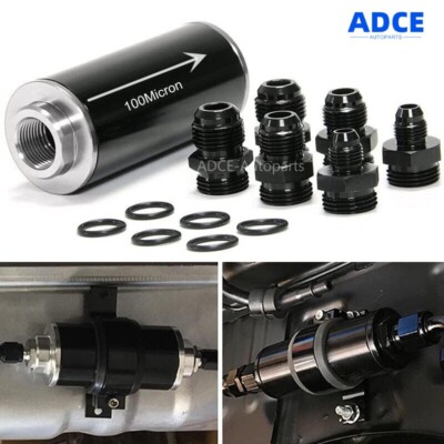 High Flow Inline Fuel Filter 100 Micron Cleanable AN6 AN8 AN10 Adapter Universal