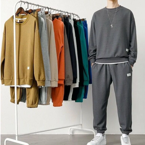 Waffle Track Suit Men's Casual Sports Long Sleeve Pants Two-Piece Set Sweatsuits