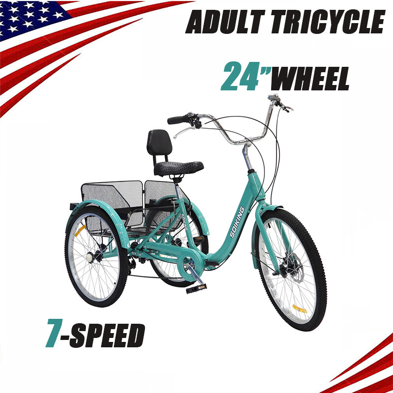 26"/24" 7-Speed Adult Tricycle 3-Wheel w Basket Heavy Duty 330lbs Cruiser Bike