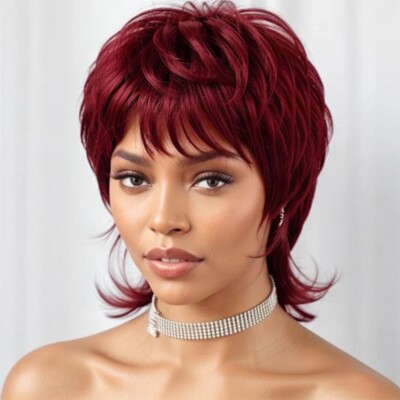 Red Wig Layered Cut Mullet Wigs Pixie Cut Wig With Bang Fashion Party 