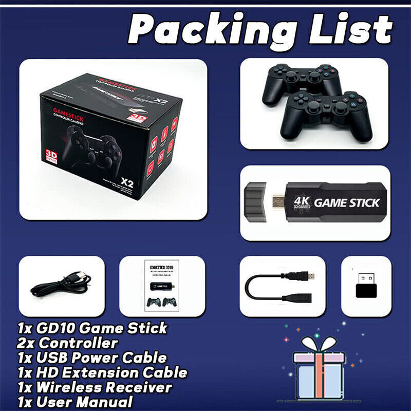 HDMI TV 4K Game Stick 128G 40000+ Games Video Game Console w/2*Wireless Gamepads