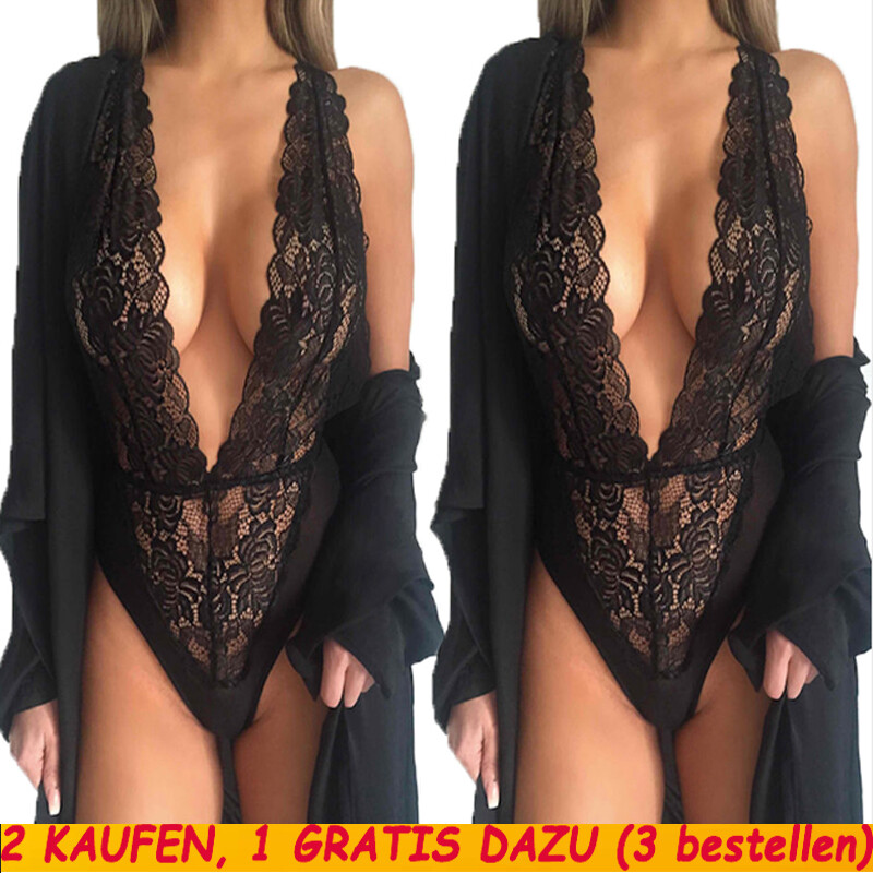 Damen Dessous Reizwäsche Deep V-Ausschnitt Sexy Spitzenbody Nachtwäsche Bodysuit