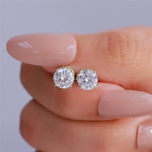 4 Ct Round Cut Lab Grown Diamond/CVD Stud Earrings 10k Yellow Gold