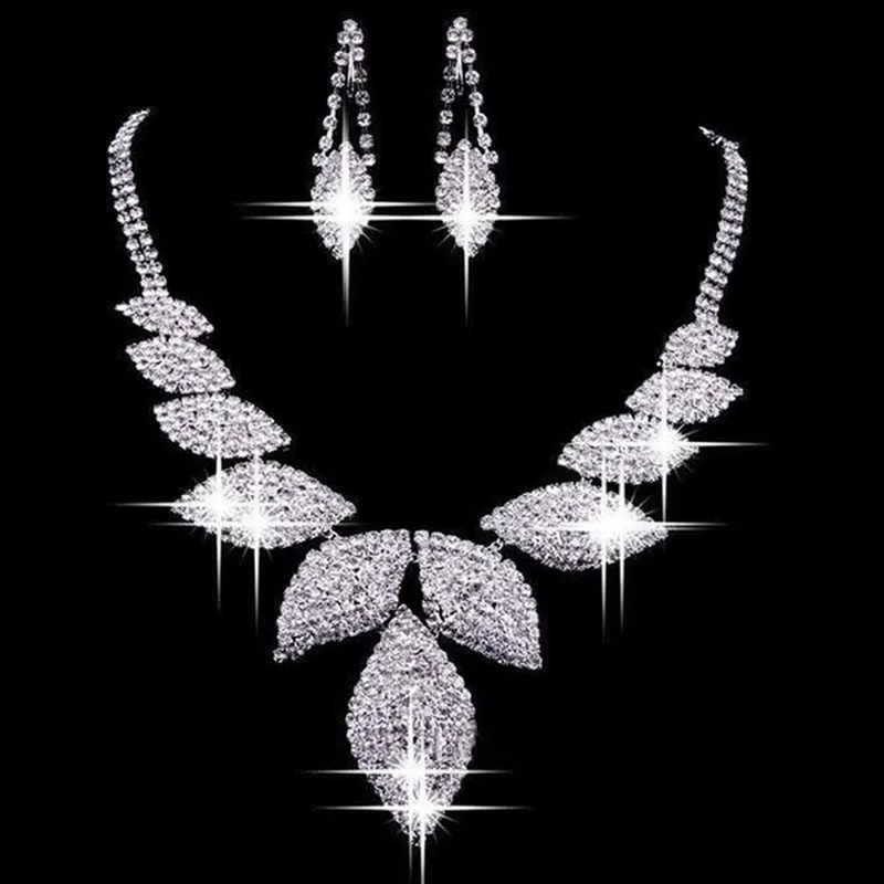 Women‘S Fashion Charm Leaf Necklace Rhinestone Earrings Wedding Party Jewelry Set
