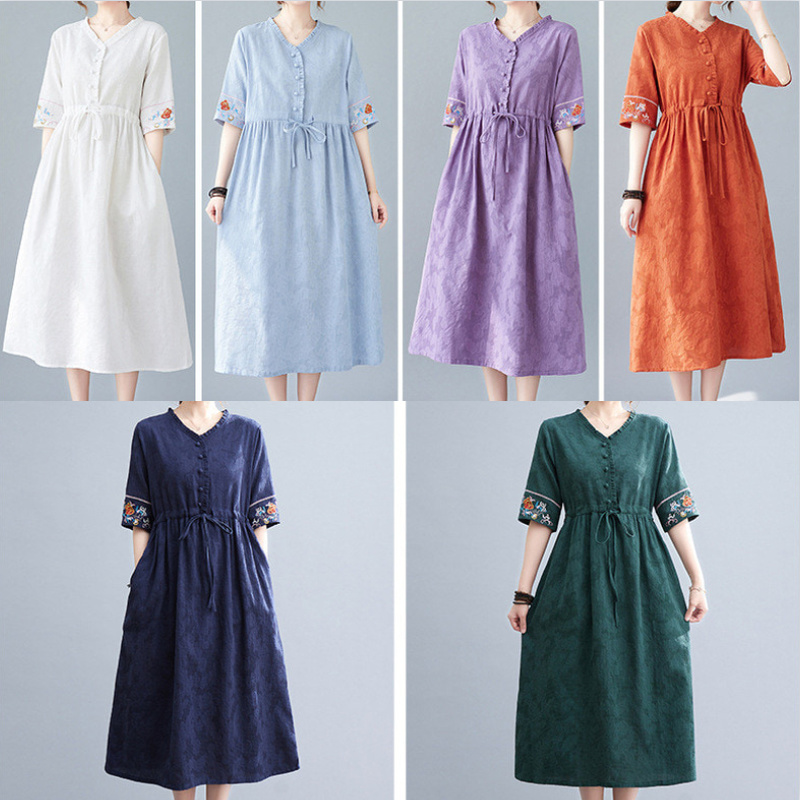 Lady Midi Dress Ethnic Floral Embroidery Loose Casual Baggy Drawstring Retro