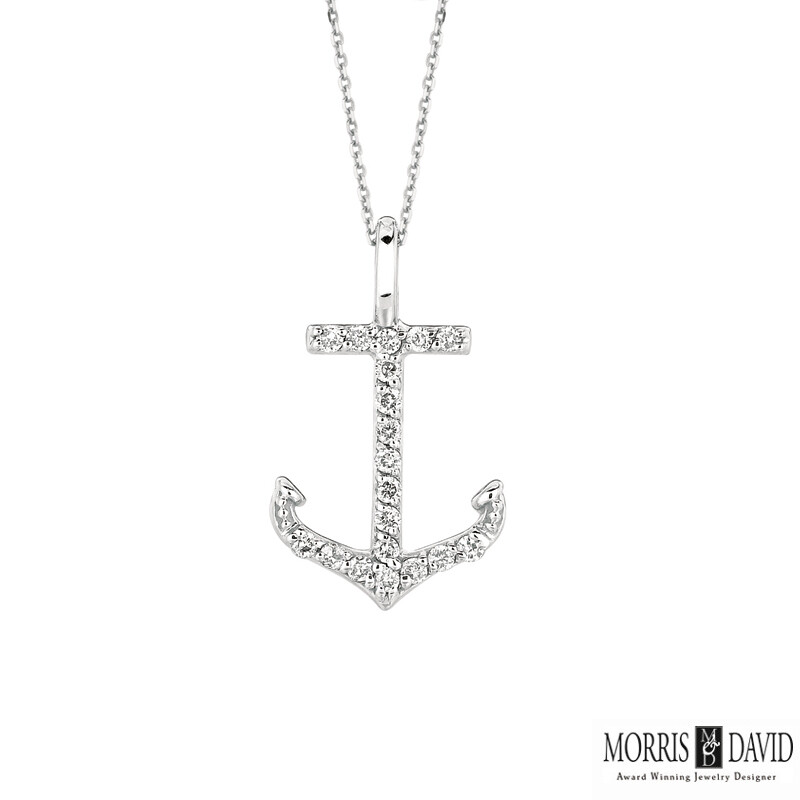 Pre-owned Morris 0.10 Ct Natural Diamond Anchor Necklace Pendant 14k White Gold Si 18''