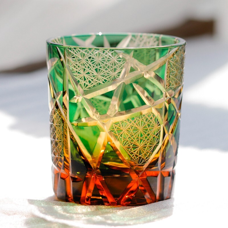 Edo Krko Glass Hand Carved Peacock Crystal Whsky Glasses Amber Green